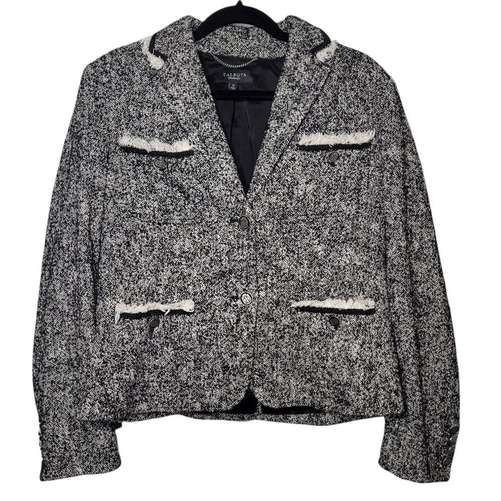 Talbots black and white Tassel tweed fringe blazer Women's Size 12